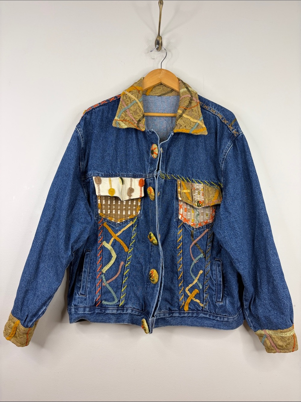 Crystal Handwoven Jean Jacket Womens Large Blue Denim Tan Patchwork Fringe Loose